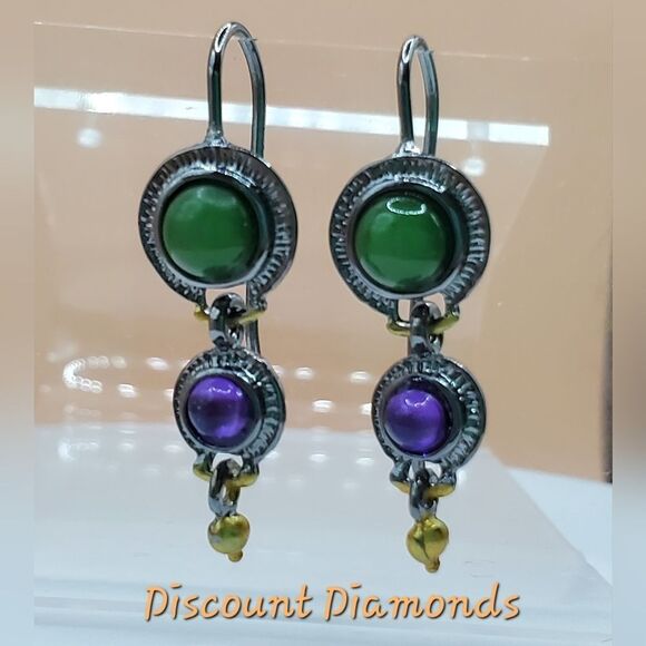 Women's Green Jade & Purple Amethyst Bohemian Drop Earrings - on 925 Silver - Picture 1 of 5